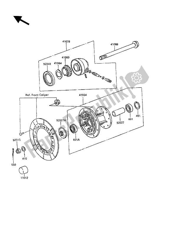 Alle onderdelen voor de Voornaaf van de Kawasaki KLR 250 1990
