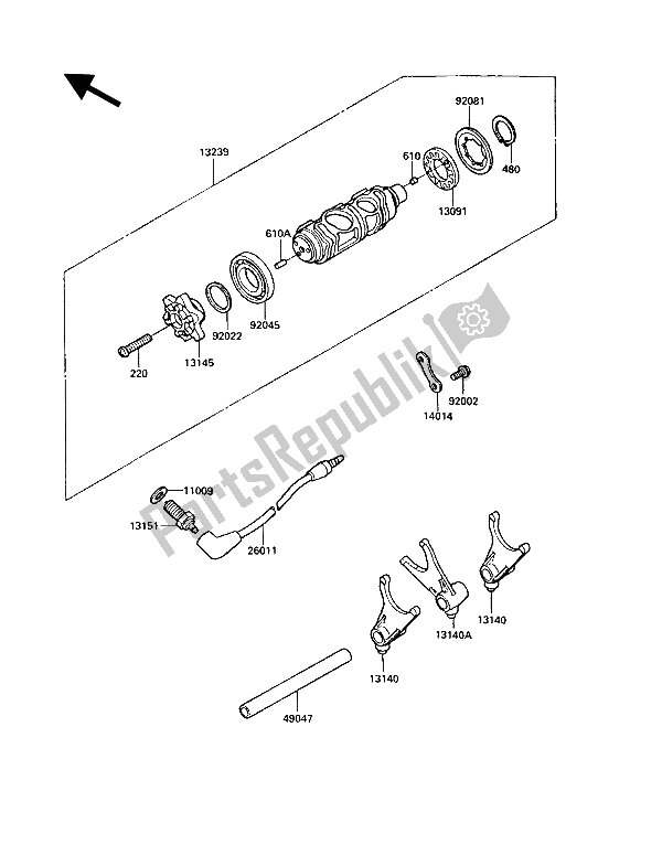 All parts for the Gear Change Drum & Shift Fork(s) of the Kawasaki VN 750 Twin 1987