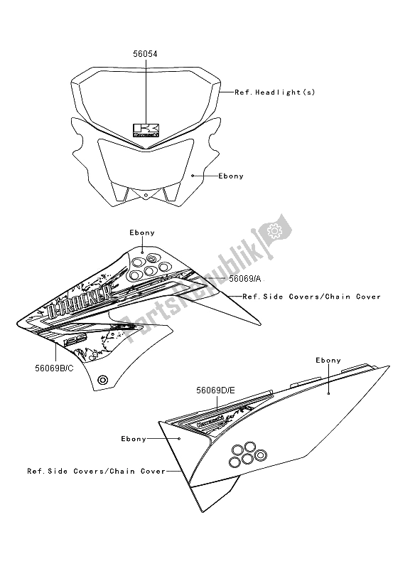 Alle onderdelen voor de Stickers (ebbenhout) van de Kawasaki D Tracker 125 2013