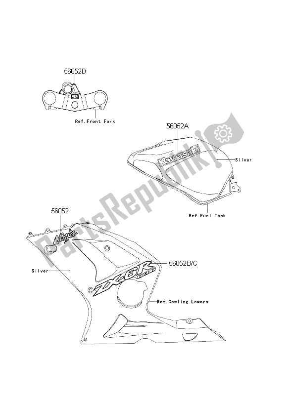 All parts for the Decals (silver) of the Kawasaki Ninja ZX 6R 600 2004