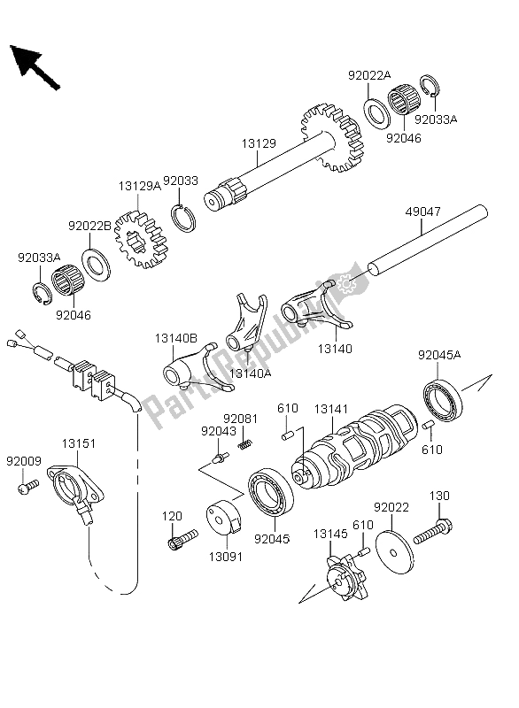 All parts for the Gear Change Drum & Shift Fork of the Kawasaki KLF 300 4X4 2004