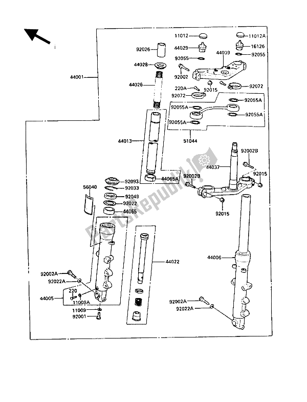 Alle onderdelen voor de Voorvork van de Kawasaki 1000 GTR 1988