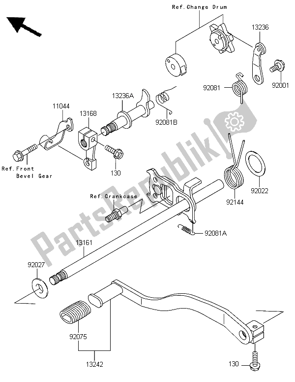 All parts for the Gear Change Mechanism of the Kawasaki KLF 300 2006