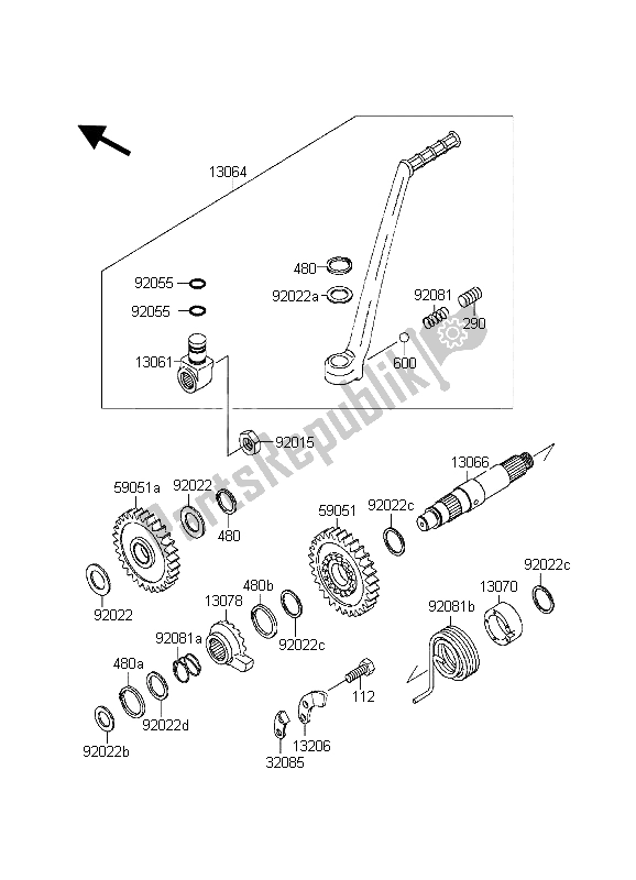 All parts for the Kickstarter Mechanism of the Kawasaki KDX 200 1998