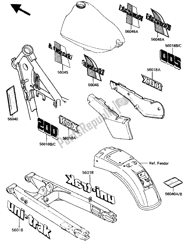 All parts for the Label of the Kawasaki KDX 200 1985