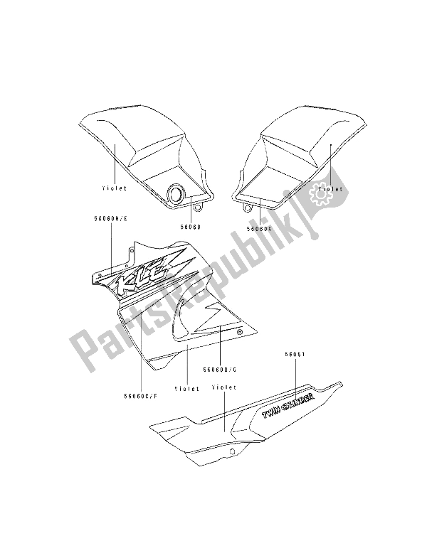 Alle onderdelen voor de Stickers (violet) van de Kawasaki KLE 500 1994