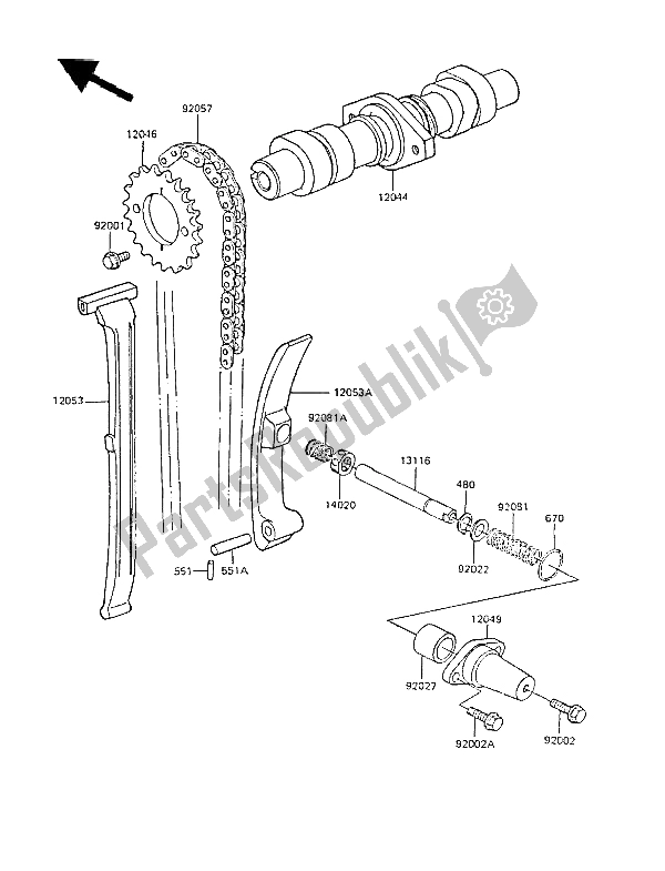 Alle onderdelen voor de Nokkenas (sen) En Spanner van de Kawasaki GPZ 305 Belt Drive 1987
