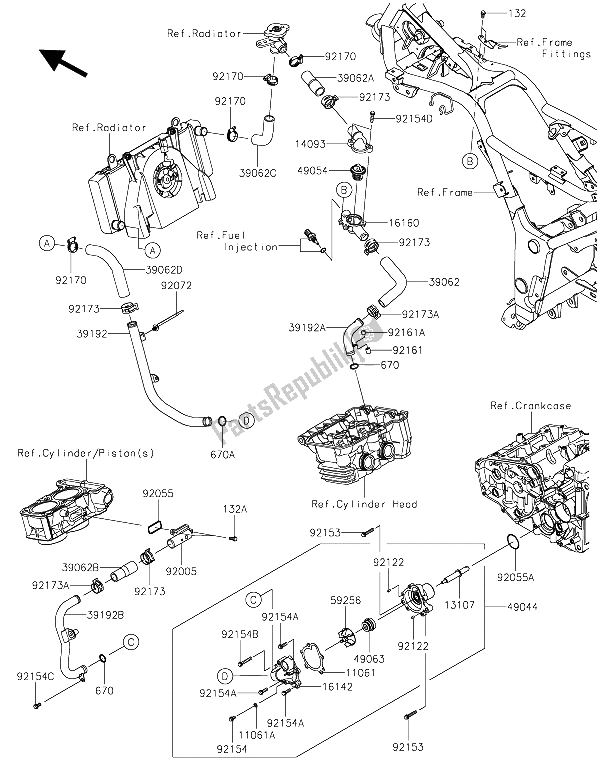 All parts for the Water Pipe of the Kawasaki Z 300 2015