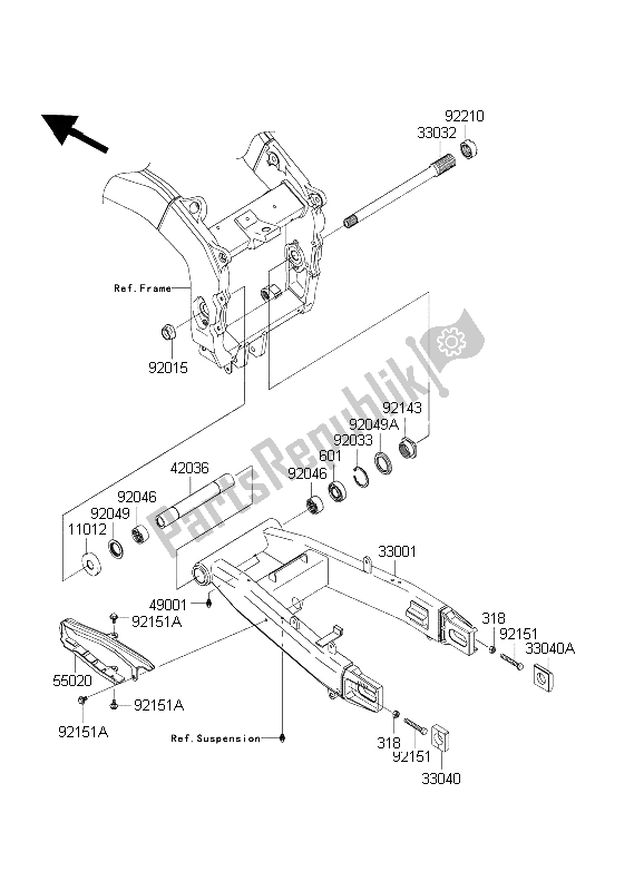 All parts for the Swingarm of the Kawasaki Ninja ZX 6 RR 600 2003