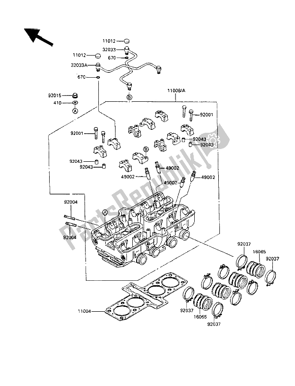 All parts for the Cylinder Head of the Kawasaki GPX 600R 1989