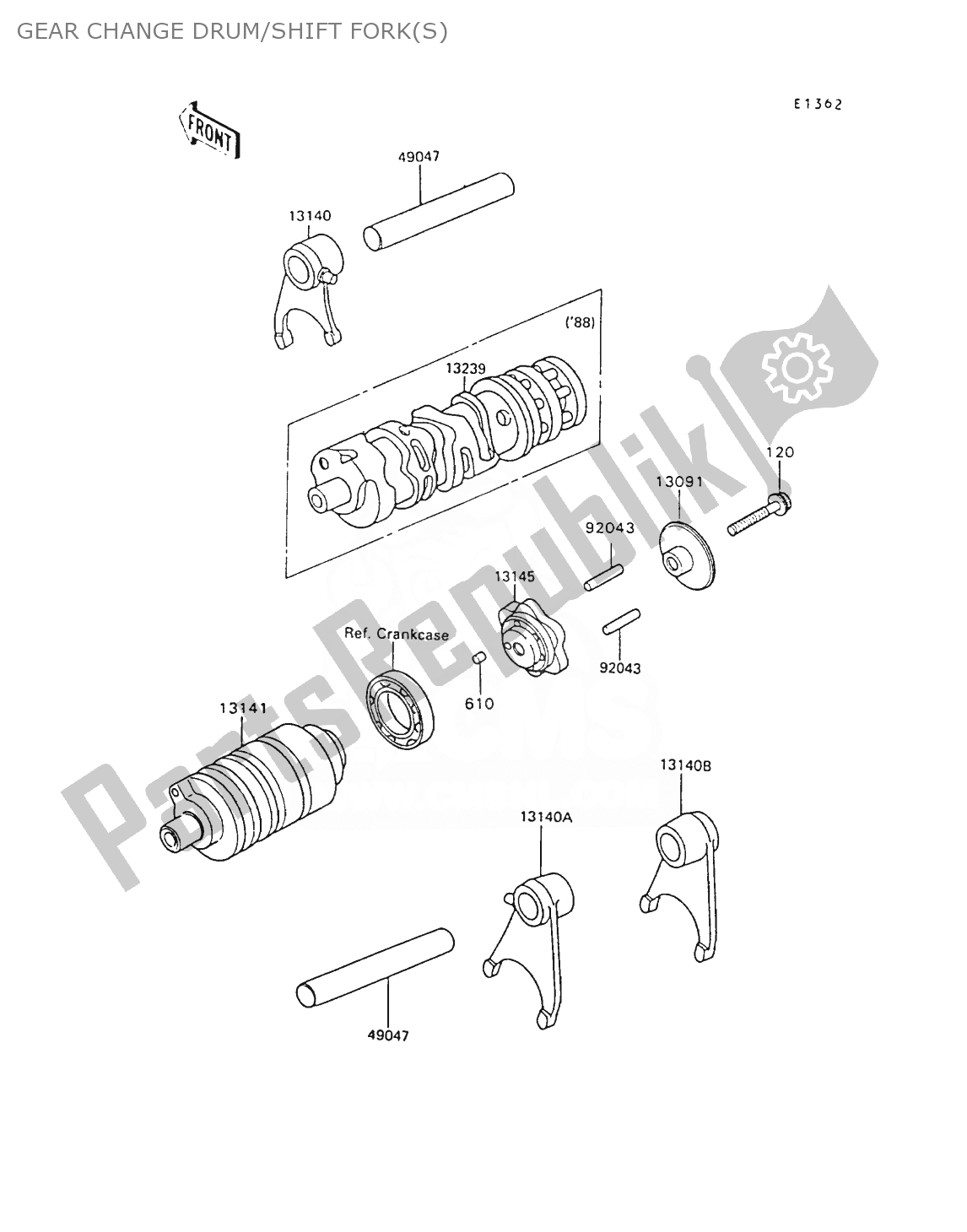 All parts for the Gear Change Drum/shift Fork(s) of the Kawasaki AR 80 1989