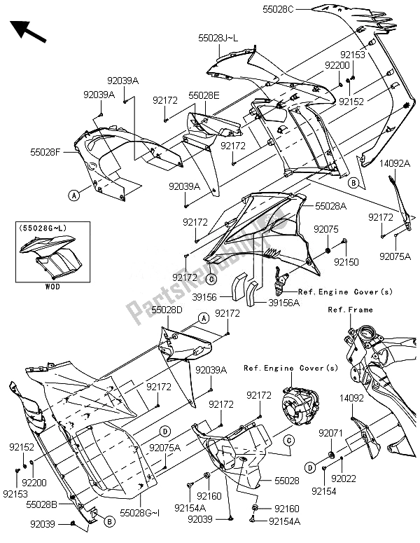 All parts for the Cowling (center) of the Kawasaki ZX 1000 SX ABS 2014