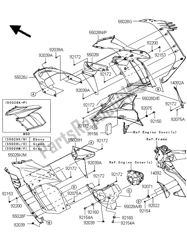 All parts for the Cowling (center) of the Kawasaki Z 1000 SX 2012