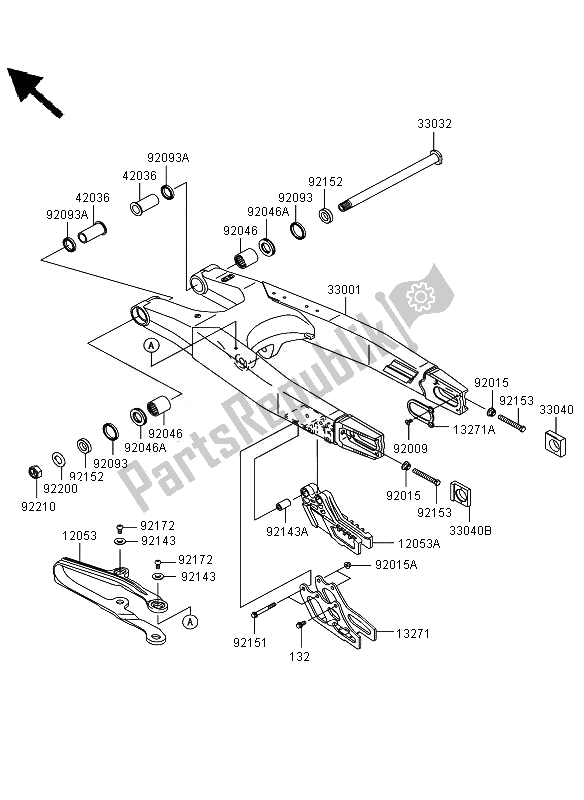 Alle onderdelen voor de Achterbrug van de Kawasaki KLX 450R 2010