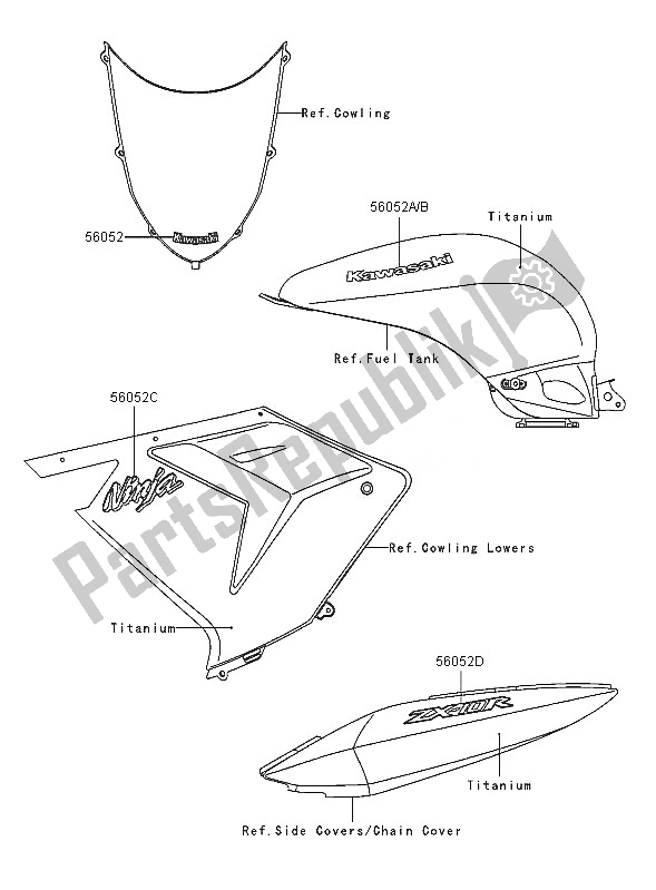 Todas las partes para Calcomanías (titanio) de Kawasaki Ninja ZX 10R 1000 2005