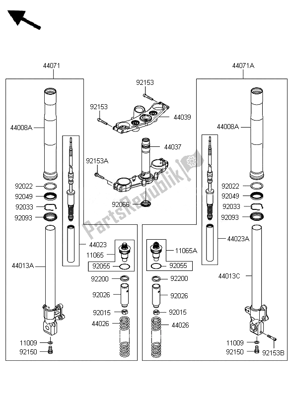 All parts for the Front Fork of the Kawasaki Z 750 2007