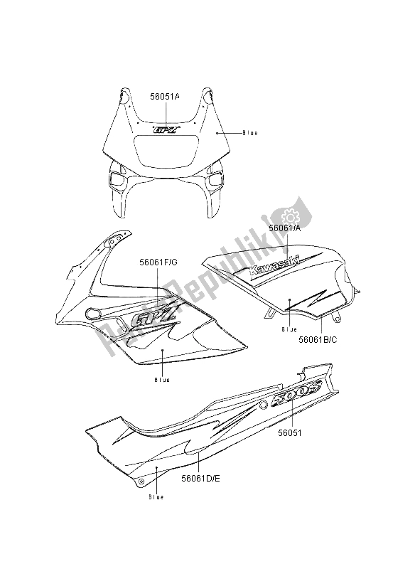 Todas as partes de Decalques (azul) do Kawasaki GPZ 500S UK 1995