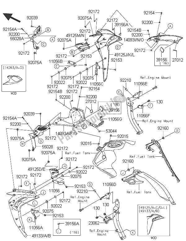 All parts for the Cowling (center) of the Kawasaki Z 1000 2016