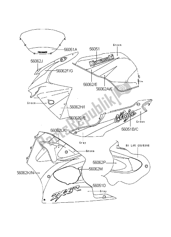 All parts for the Decals (green-gray) of the Kawasaki Ninja ZX 6R 600 1999