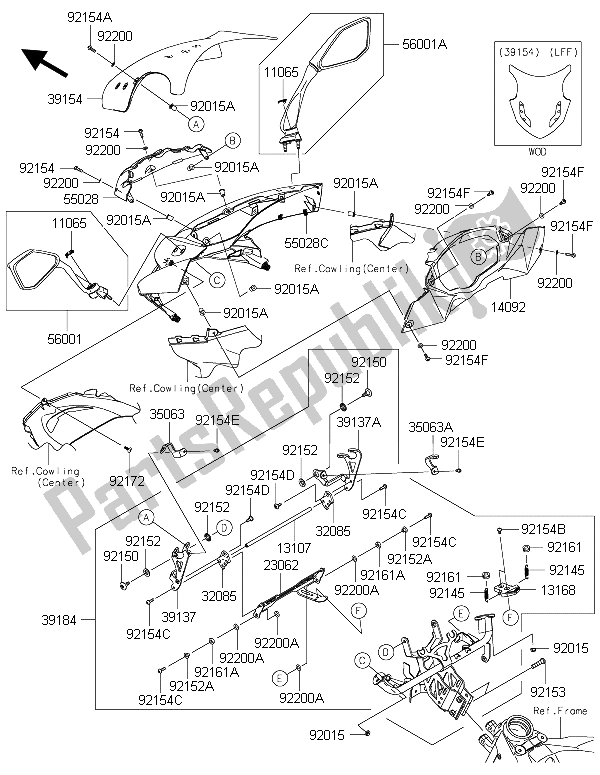 All parts for the Cowling (upper) of the Kawasaki Z 1000 SX 2015