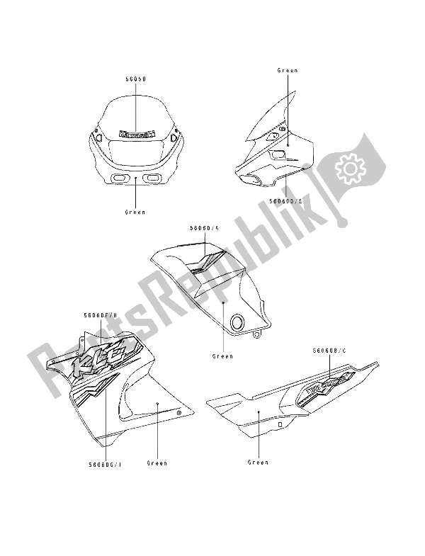 Alle onderdelen voor de Stickers (groen) van de Kawasaki KLE 500 1993