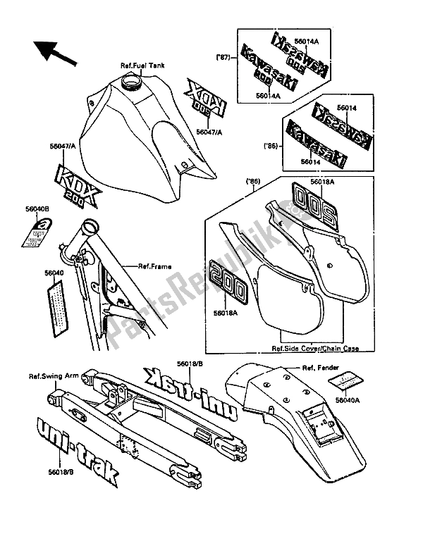 Tutte le parti per il Etichette del Kawasaki KDX 200 1987