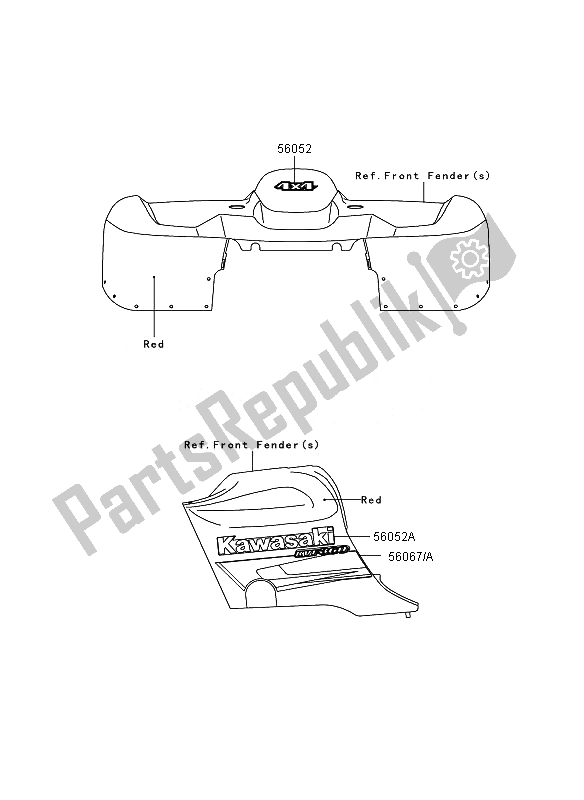 All parts for the Decals (red) (eu,uk) of the Kawasaki KVF 360 4X4 2007
