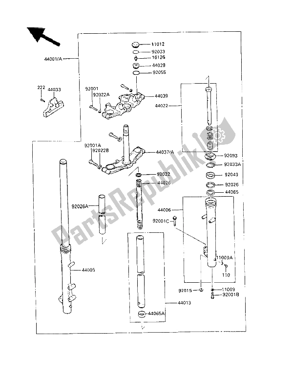 All parts for the Front Fork of the Kawasaki LTD 450 1987