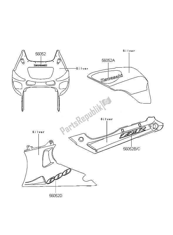 Alle onderdelen voor de Stickers (zilver) van de Kawasaki ZZR 600 2005