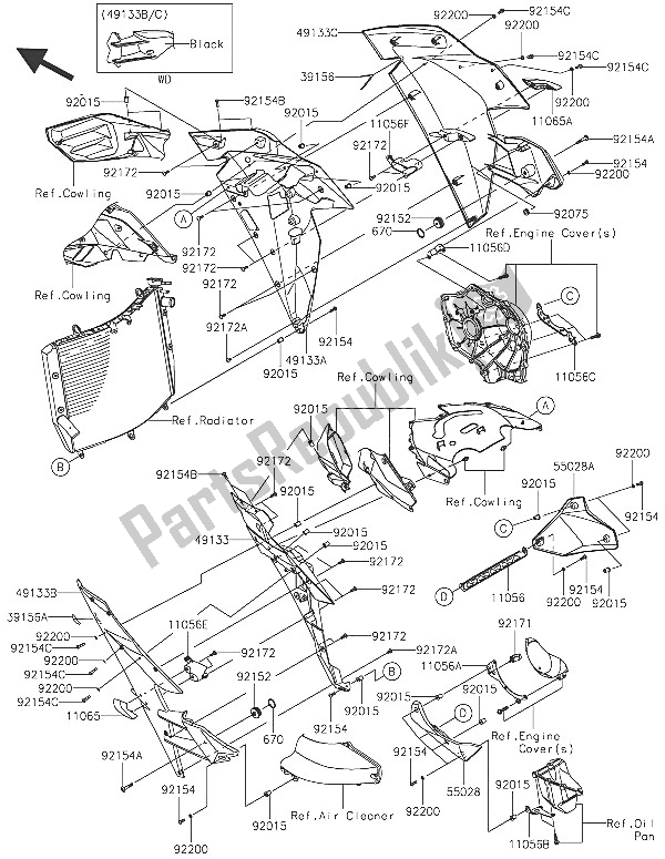 Alle onderdelen voor de Motorkap Zakt van de Kawasaki Ninja H2 1000 2016