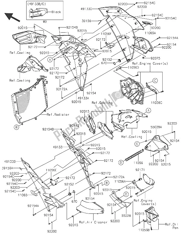 Tutte le parti per il Il Cofano Si Abbassa del Kawasaki Ninja H2 1000 2016