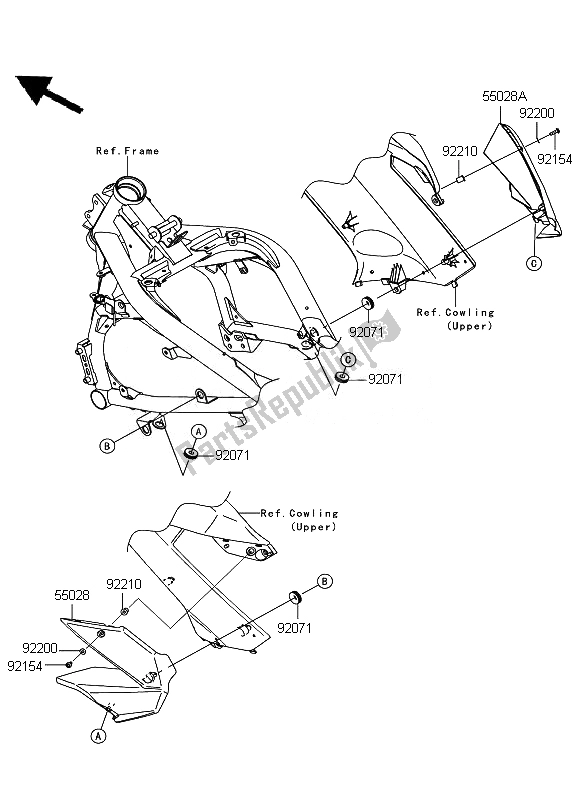 All parts for the Cowling (center) of the Kawasaki ER 6F ABS 650 2010