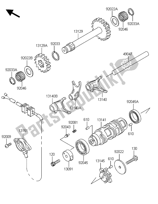 All parts for the Gear Change Drum & Shift Fork of the Kawasaki KLF 300 4X4 2006