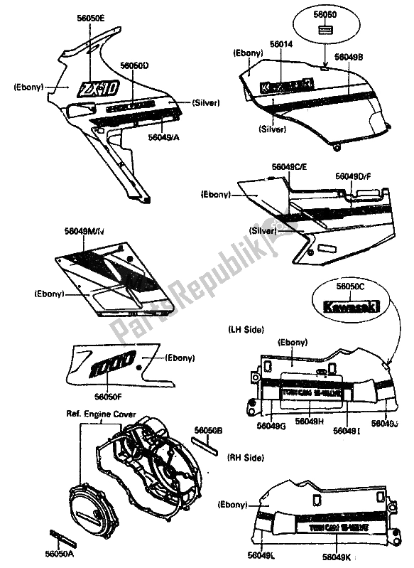 Todas las partes para Etiqueta (ébano-plata) de Kawasaki ZX 10 1000 1990