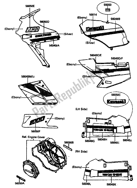 Todas las partes para Etiqueta (ébano-plata) de Kawasaki ZX 10 1000 1990