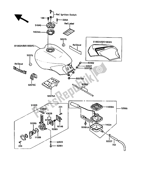 Alle onderdelen voor de Benzinetank van de Kawasaki 1000 GTR 1991