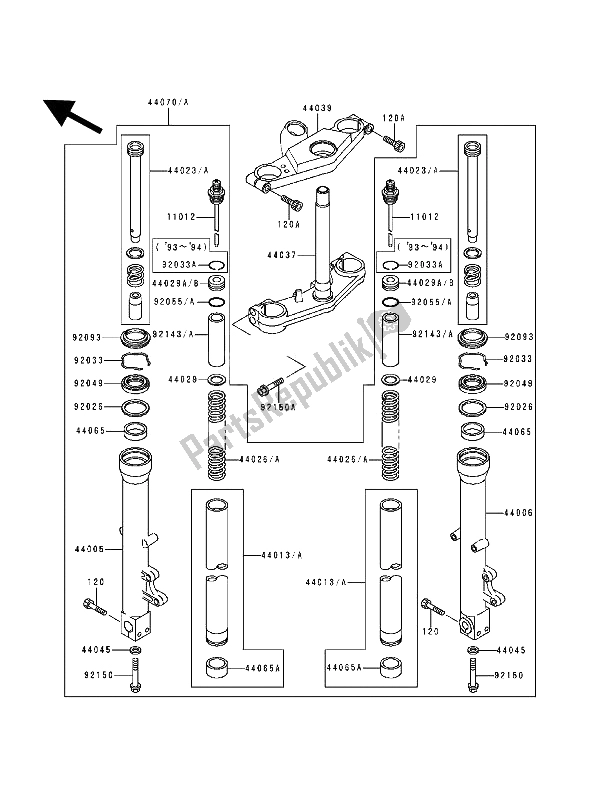 All parts for the Front Fork of the Kawasaki ZZ R 600 1993