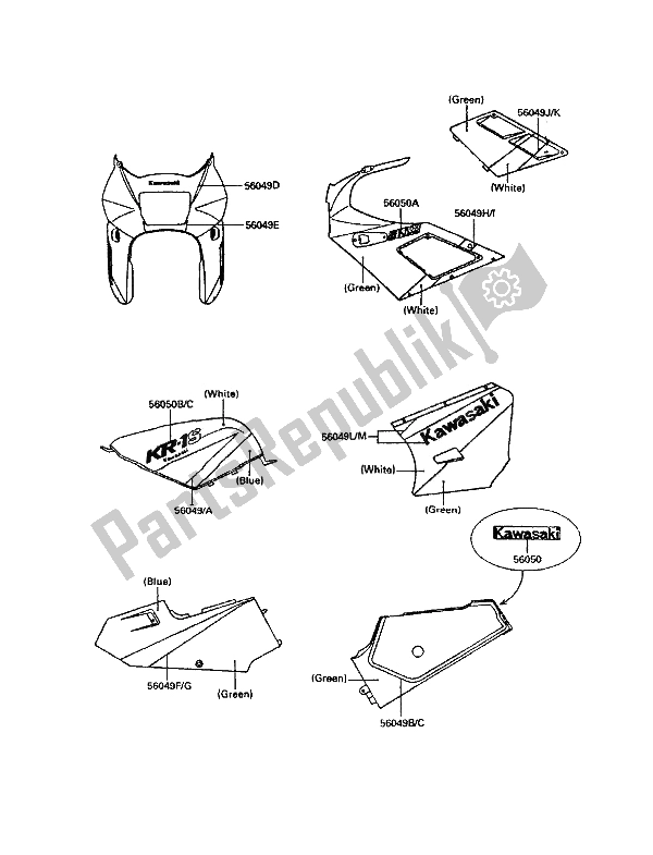 Alle onderdelen voor de Sticker (groen & Blauw & Wit) van de Kawasaki KR 1 250 1991