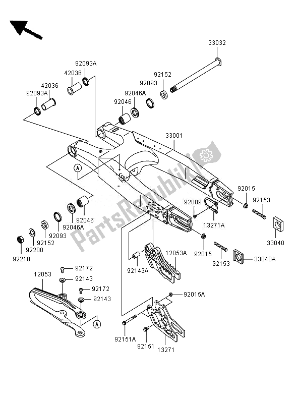 All parts for the Swingarm of the Kawasaki KX 250F 2007