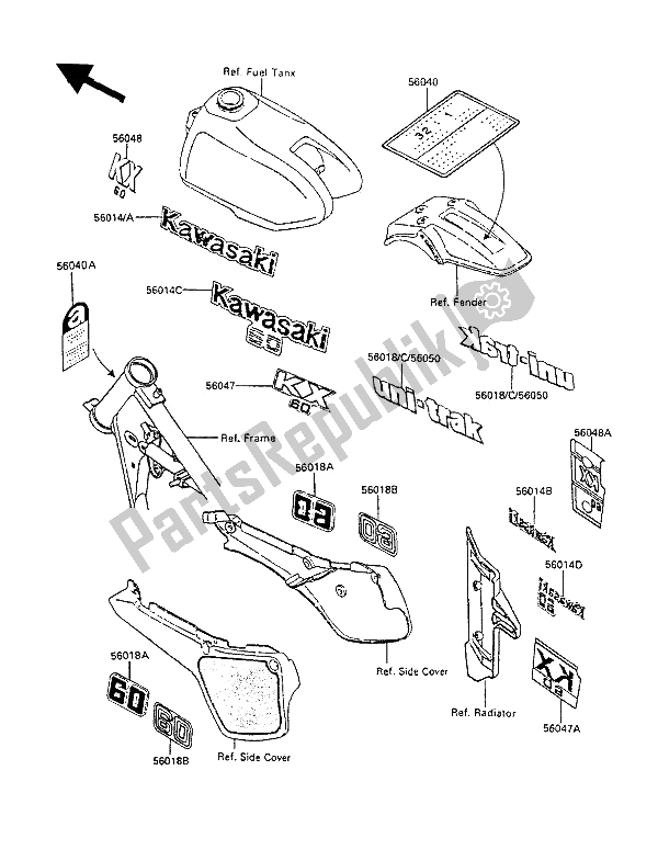 Tutte le parti per il Etichette del Kawasaki KX 60 1989
