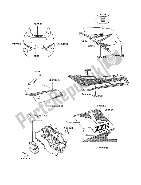 Todas las partes para Etiqueta (violeta-eventide) de Kawasaki ZZ R 1100 1991