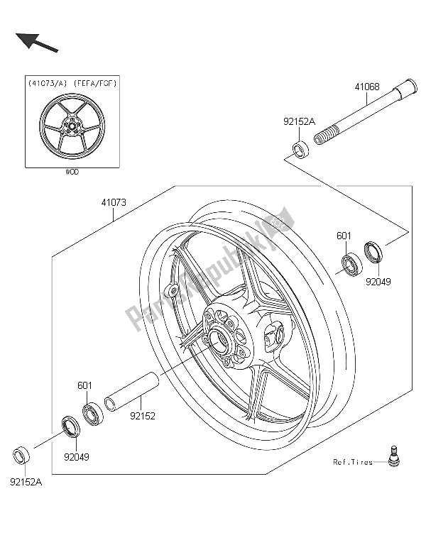 All parts for the Front Hub of the Kawasaki Z 1000 2016