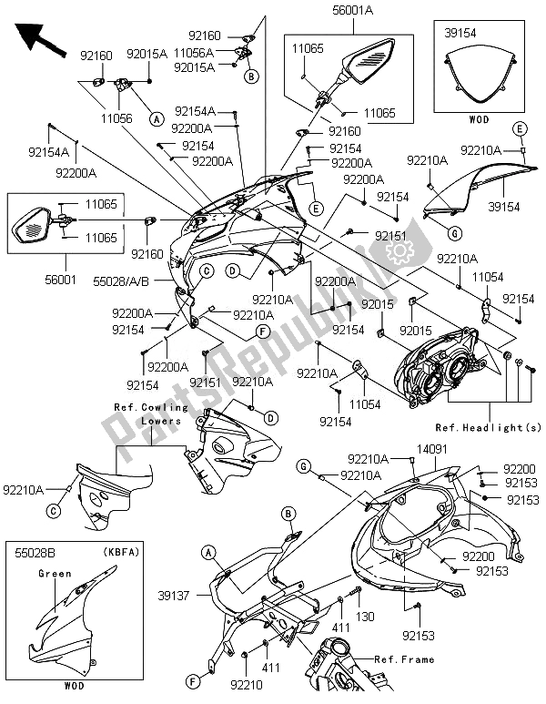 Alle onderdelen voor de Motorkap van de Kawasaki Ninja 250R 2011