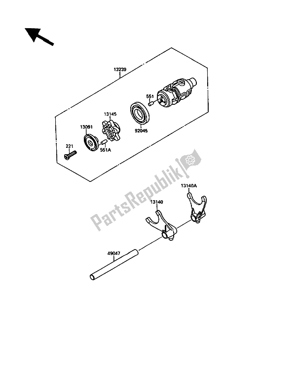 All parts for the Change Drum & Shift Fork of the Kawasaki VN 15 1500 1991