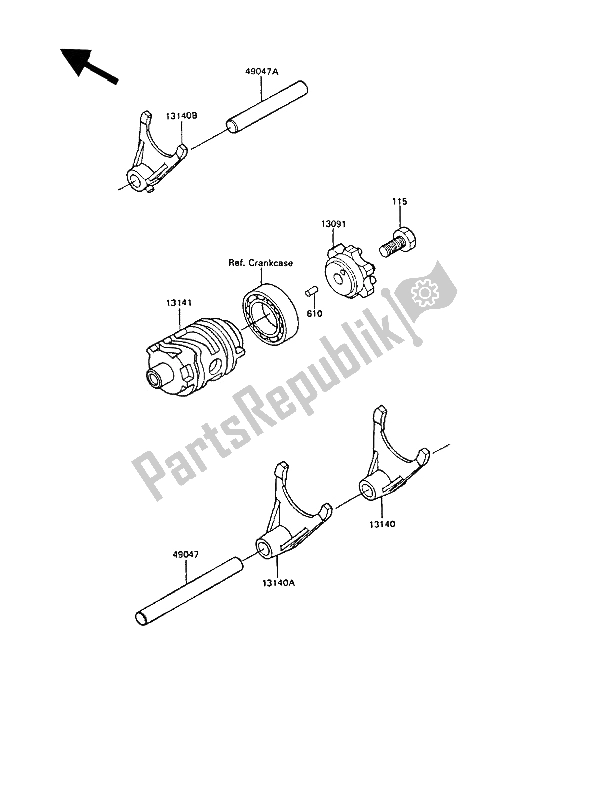 All parts for the Gear Change Drum & Shift Fork(s) of the Kawasaki KX 250 1989