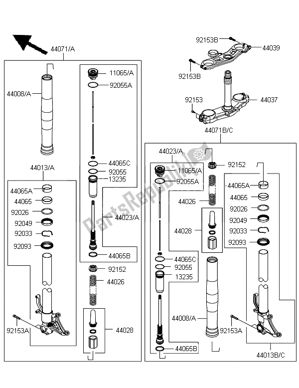 Alle onderdelen voor de Voorvork van de Kawasaki Ninja ZX 10R 1000 2011