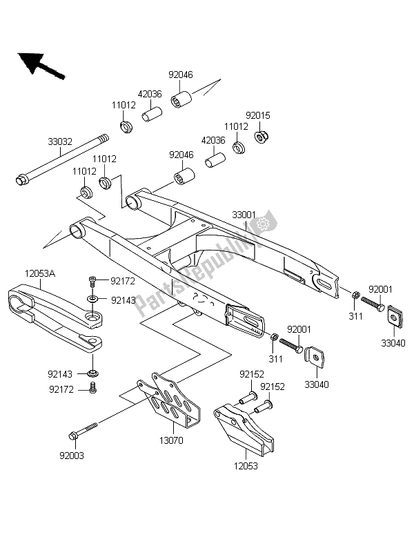 All parts for the Swingarm of the Kawasaki KX 65 2008