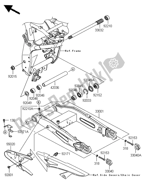 All parts for the Swingarm of the Kawasaki Z 1000 2007
