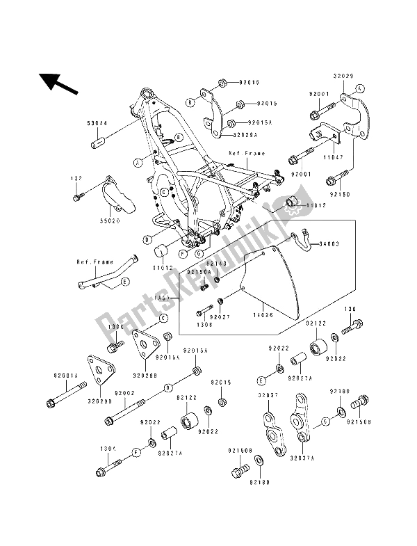 All parts for the Frame Fitting of the Kawasaki KDX 250 1992