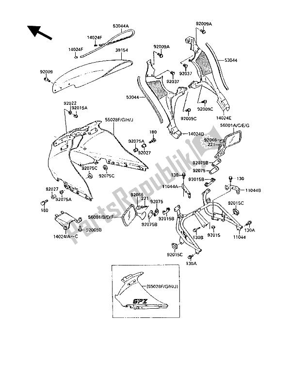 All parts for the Cowling of the Kawasaki GPZ 1000 RX 1987
